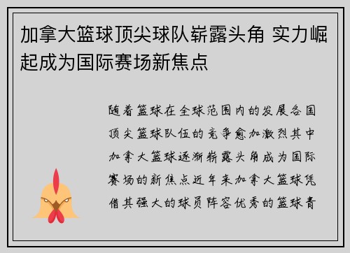 加拿大篮球顶尖球队崭露头角 实力崛起成为国际赛场新焦点