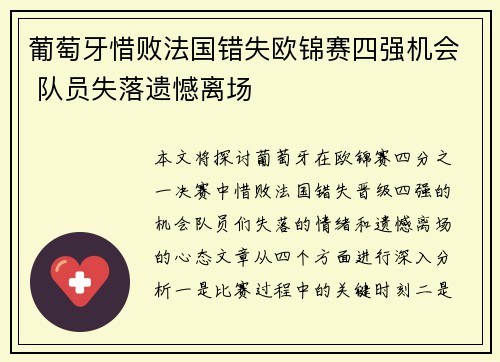 葡萄牙惜败法国错失欧锦赛四强机会 队员失落遗憾离场