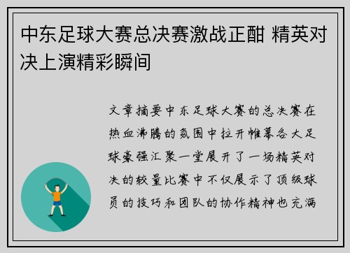 中东足球大赛总决赛激战正酣 精英对决上演精彩瞬间