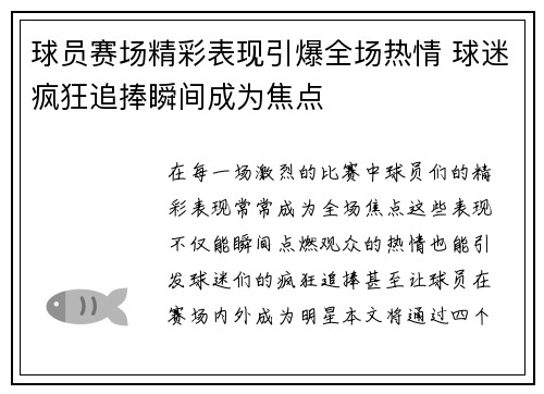球员赛场精彩表现引爆全场热情 球迷疯狂追捧瞬间成为焦点
