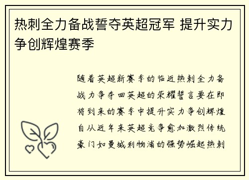 热刺全力备战誓夺英超冠军 提升实力争创辉煌赛季