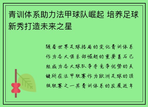 青训体系助力法甲球队崛起 培养足球新秀打造未来之星