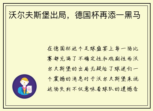 沃尔夫斯堡出局，德国杯再添一黑马