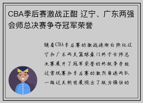 CBA季后赛激战正酣 辽宁、广东两强会师总决赛争夺冠军荣誉