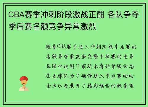 CBA赛季冲刺阶段激战正酣 各队争夺季后赛名额竞争异常激烈